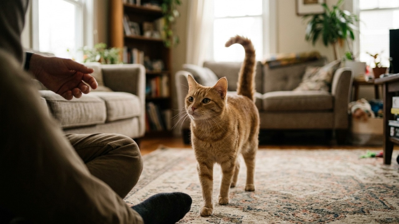 Especialistas explicam: “Quando o gato se aproxima com a cauda levantada e a ponta curvada como um ponto de interrogação, ele pode estar fazendo uma saudação amistosa e mostrando disposição para interagir”