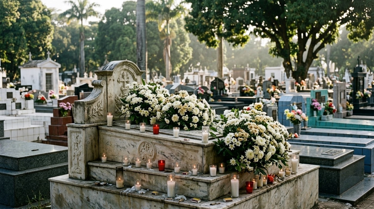 Túmulo de mármore decorado com flores brancas e velas acesas em cemitério brasileiro, representando as homenagens do Dia de Finados. - Imagem ilustrativa criada por inteligência artificial