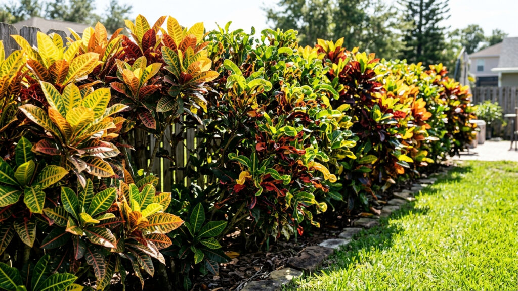 Cerca-viva de cróton-brasileiro no sol pleno: como misturar variedades coloridas para criar um muro verde e vibrante no quintal