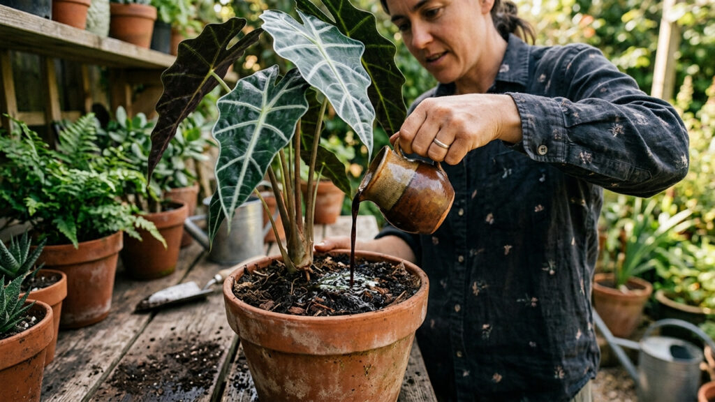 Chá de folha de neem com melaço de cana: para que serve a fertirrigação dupla que nutre a terra e condiciona o solo do vaso