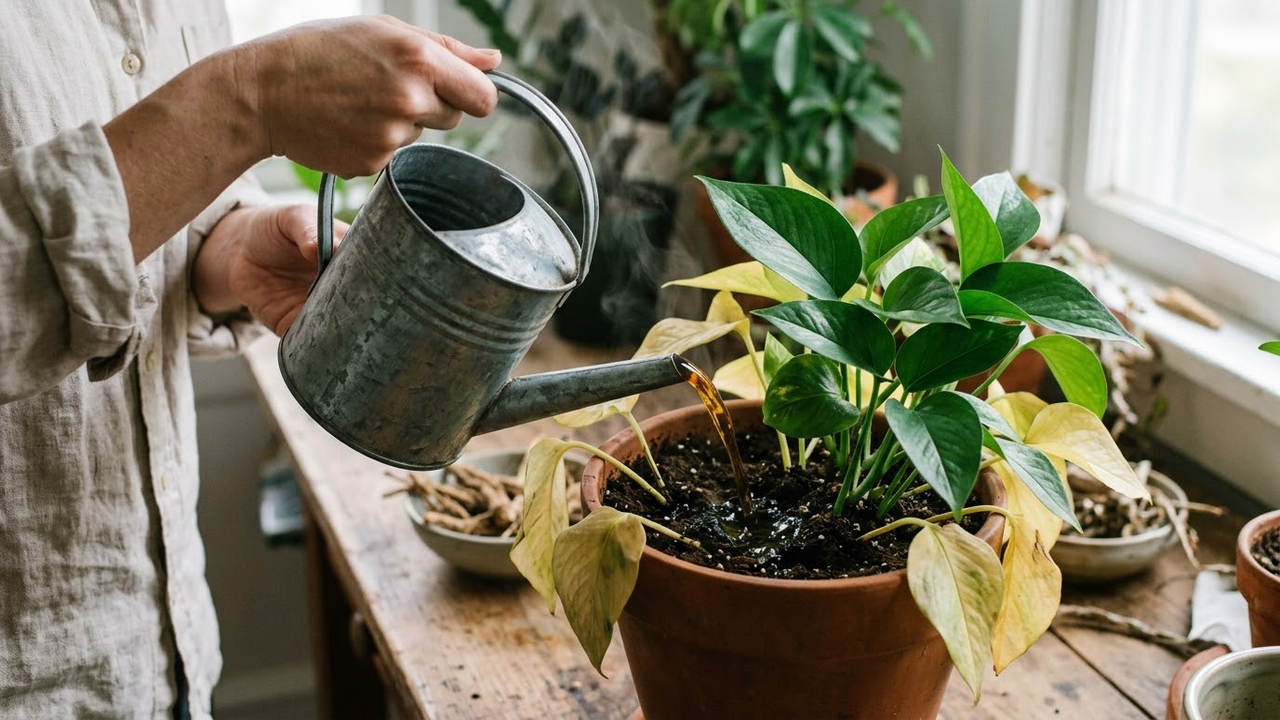 Chá de raiz de bardana para regar os vasos: a infusão rica em ferro que devolve a cor verde viva para folhagens amareladas