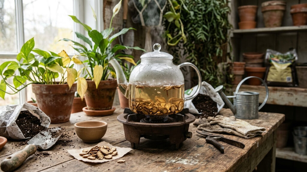 Chá de raiz de bardana para regar os vasos: a infusão rica em ferro que devolve a cor verde viva para folhagens amareladas