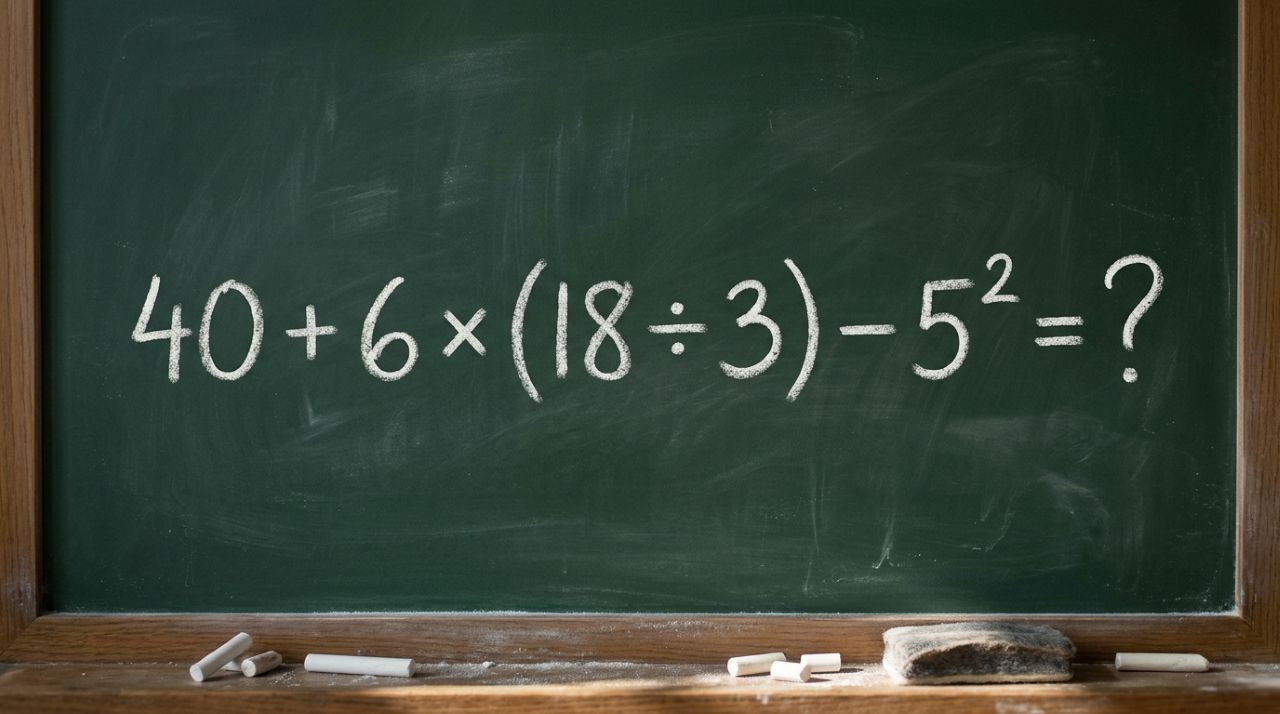 O cálculo 40 + 6 × (18 ÷ 3) − 5² testa três regras aprendidas na escola e desafia quem acredita que consegue resolver qualquer conta de cabeça