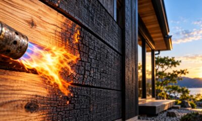 A técnica japonesa de queimar a superfície da madeira cria uma camada carbonizada e é usada para aumentar a resistência do revestimento às intempéries