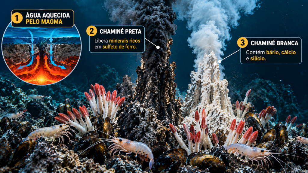 A milhares de metros de profundidade no Oceano Índico, cientistas investigam fontes hidrotermais que liberam minerais e sustentam comunidades de seres vivos capazes de sobreviver sem depender diretamente da luz solar