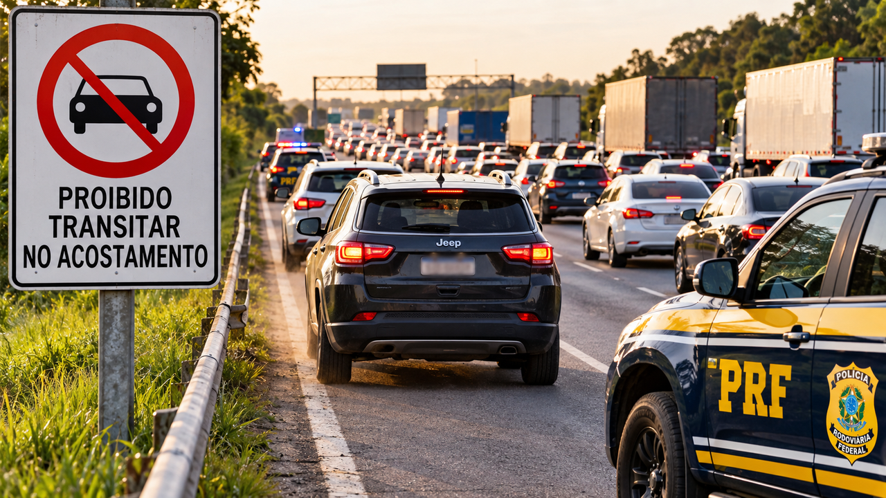 Motoristas fazem isso para escapar do trânsito nas rodovias, mas o uso irregular do acostamento pode gerar multa de R$ 293 e 7 pontos na CNH