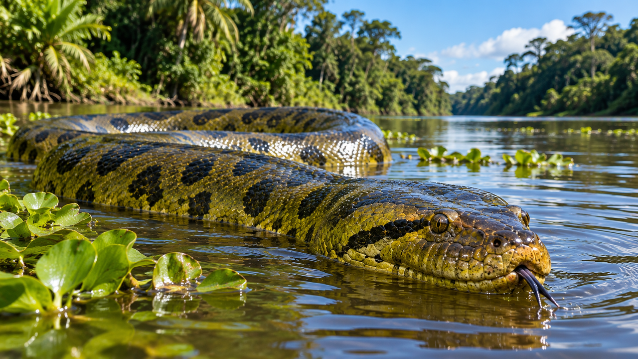 Sucuri-verde gigante pode passar dos 6 metros e impressiona pela força brutal de um corpo musculoso capaz de dominar grandes presas
