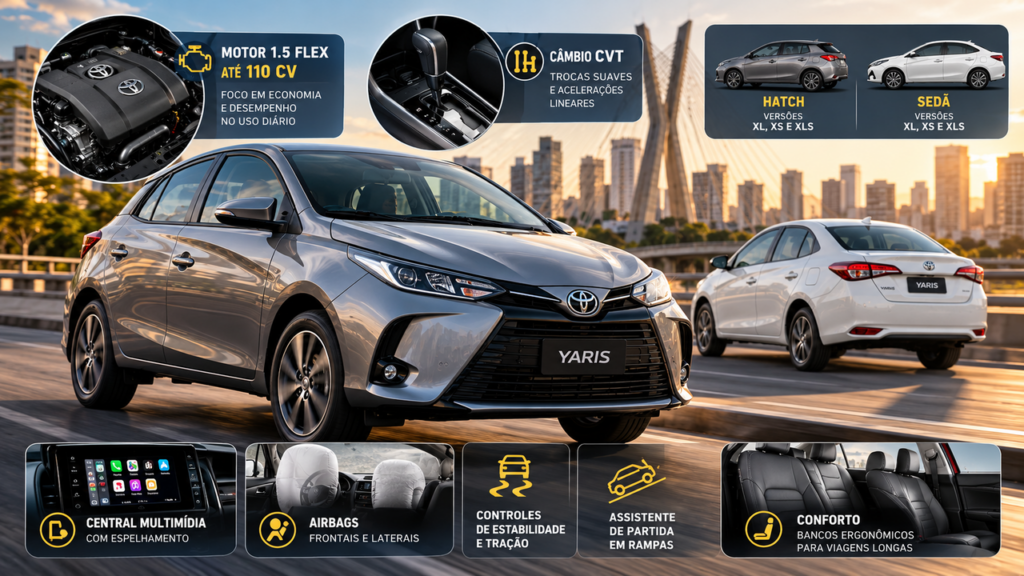 Toyota Yaris 2026 chega forte ao mercado brasileiro com motor 1.5 flex de até 110 cv, câmbio CVT e uma combinação de economia, conforto e preço que chama atenção