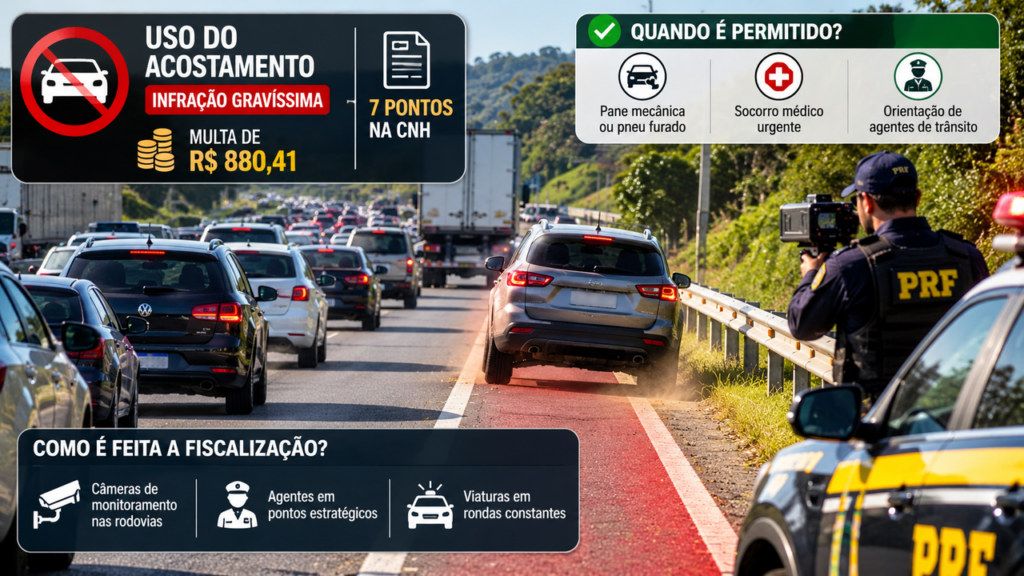 Motoristas fazem isso para escapar do trânsito nas rodovias, mas o uso irregular do acostamento pode gerar multa de R$ 293 e 7 pontos na CNH