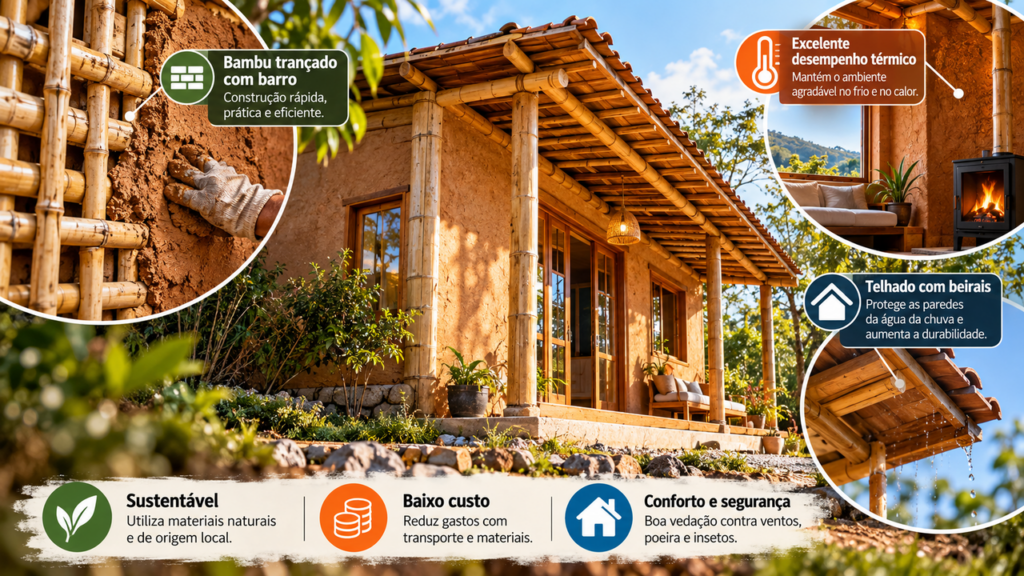 Casas feitas com bambu e barro compactado ganham espaço na construção: técnica dispensa parte dos materiais tradicionais e pode acelerar a obra com baixo custo e recursos naturaisO uso de materiais naturais em edificações oferece moradia acolhedora, econômica e integrada à arquitetura vernacular. - Imagem ilustrativa criada por inteligência artificial.