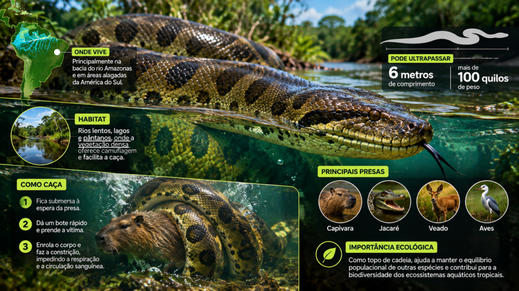 Sucuri-verde gigante pode passar dos 6 metros e impressiona pela força brutal de um corpo musculoso capaz de dominar grandes presas