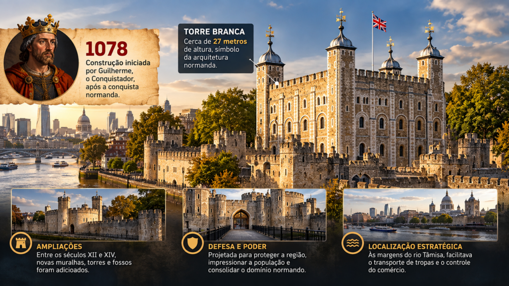 Construída por volta de 1078, a Torre de Londres atravessou quase mil anos de história, ganhou novas estruturas durante séculos e manteve sua famosa Torre Branca de 27 metros como uma das principais marcas da antiga fortificação
