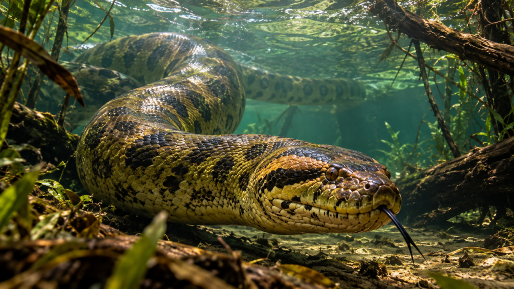 Sucuri-verde gigante pode passar dos 6 metros e impressiona pela força brutal de um corpo musculoso capaz de dominar grandes presas