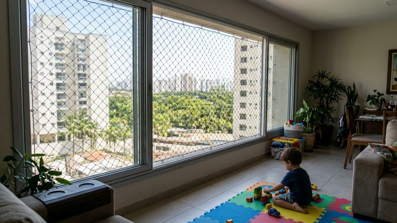 Morador coloca telas de proteção nas janelas para deixar a casa mais segura para os filhos e percebe que o tamanho da malha também precisa respeitar exigências de segurança