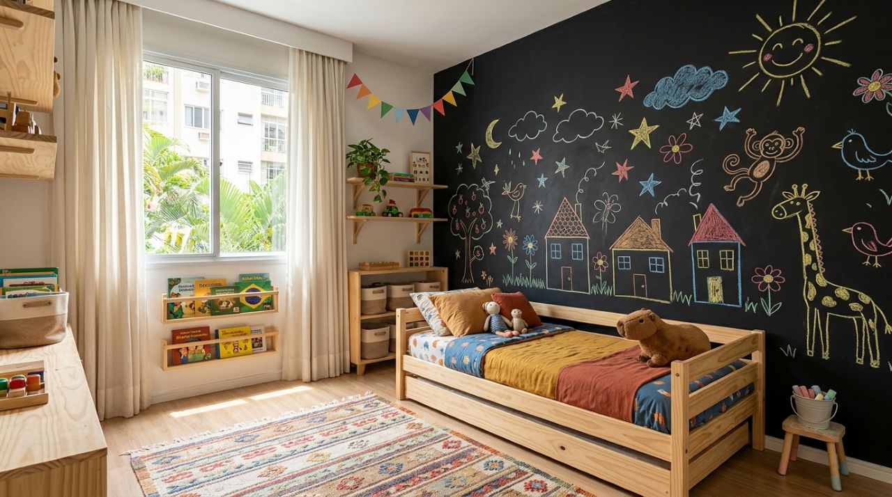 Mãe pinta uma parede do quarto com tinta lousa para os filhos desenharem e descobre o que acontece com a parede quando quiser pintar por cima