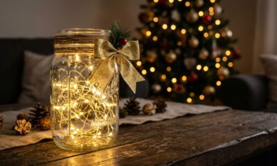 Mulher guardou potes de vidro que iriam para o lixo, colocou pequenas luzes de LED dentro deles e criou uma decoração de Natal elegante gastando pouco