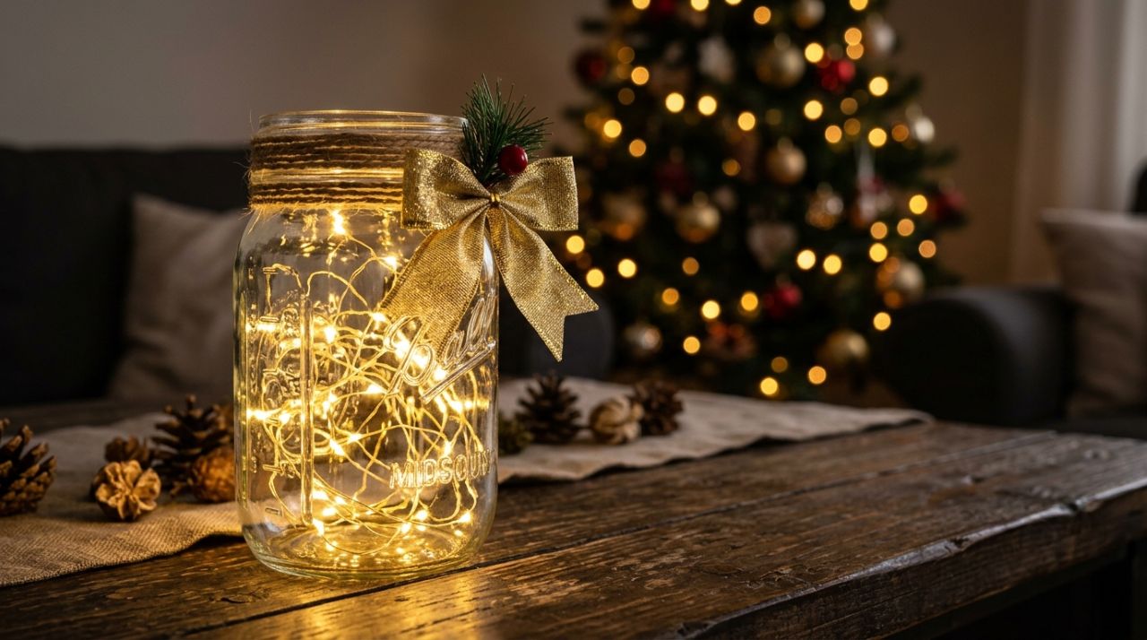 Mulher guardou potes de vidro que iriam para o lixo, colocou pequenas luzes de LED dentro deles e criou uma decoração de Natal elegante gastando pouco