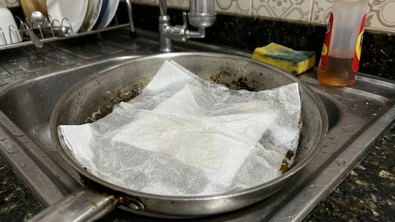 Colocar uma folha de papel na panela antes de dormir: para que serve o truque e por que ela pode ajudar na limpeza de gordura