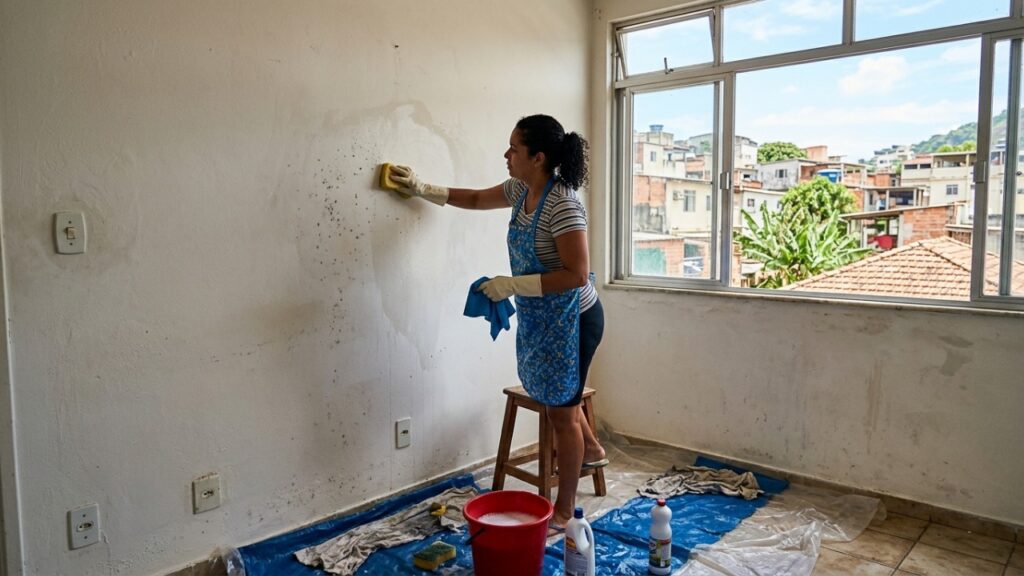 Pintores explicam: “Lavar a parede mofada antes de pintar pode ajudar na preparação, mas aplicar massa ou tinta com a superfície ainda úmida pode comprometer o acabamento”