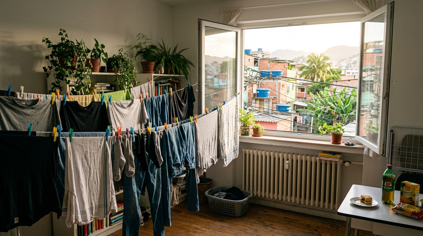 Secar a roupa dentro de casa parece normal no Brasil, mas na Alemanha a recomendação é abrir as janelas 3 vezes ao dia para evitar mofo nas paredes 
