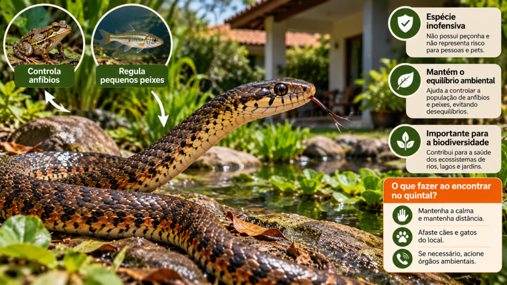 Muita gente mata a cobra-d’água por medo de ser perigosa, mas poucos sabem o papel que ela desempenha ao controlar pequenos animais perto das casas