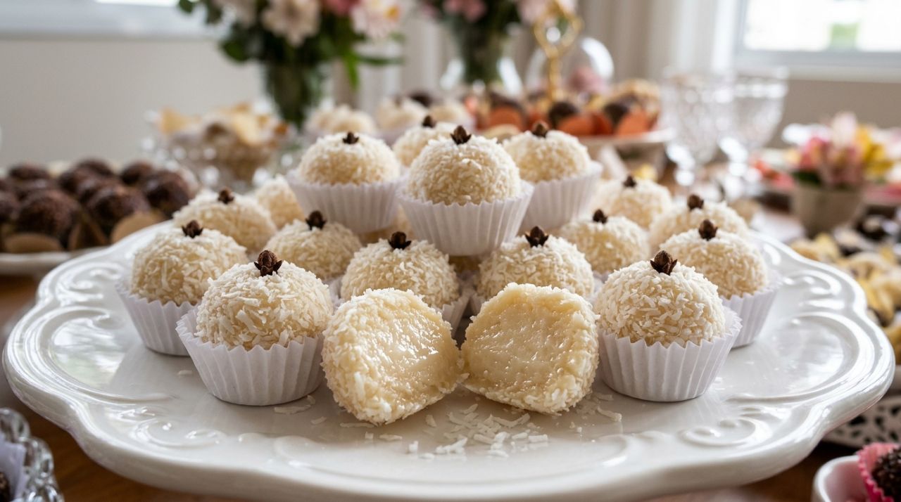 Confeiteiros afirmam: “Para o beijinho de coco ficar macio e fácil de enrolar, não cozinhe a mistura em fogo alto para terminar mais rápido, mas mexa em fogo baixo até atingir a consistência correta”