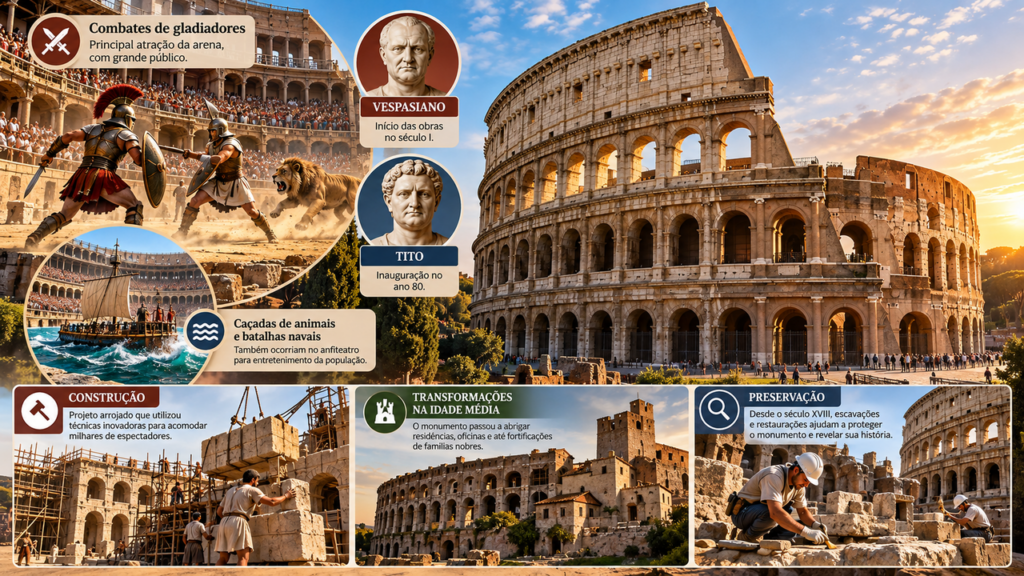 Construído por volta de 80 d.C., o Coliseu atravessou quase dois mil anos de história, recebeu diferentes usos ao longo dos séculos e manteve sua estrutura monumental como uma das principais marcas da Roma Antiga