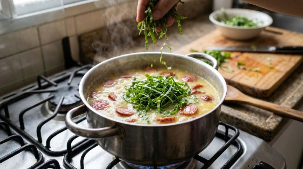 Chefs de cozinha afirmam: “Para o caldo verde ficar cremoso e manter a couve verdinha, não cozinhe as folhas desde o começo junto com a batata, mas acrescente a couve nos últimos minutos de preparo”