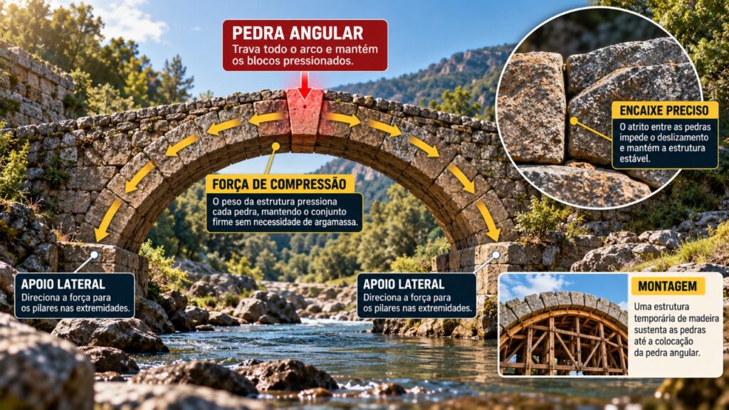 A ponte construída com peças que se encaixam sem depender de argamassa em todas as suas juntas e como o formato dos blocos ajuda a manter a estrutura montada