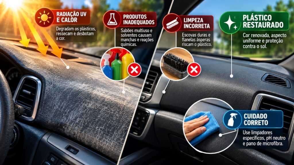 Os plásticos internos do carro ficaram esbranquiçados, manchados e com aparência de velhos? Veja o que provoca esse desgaste e quais cuidados podem ajudar a preservar o aspecto original do acabamento