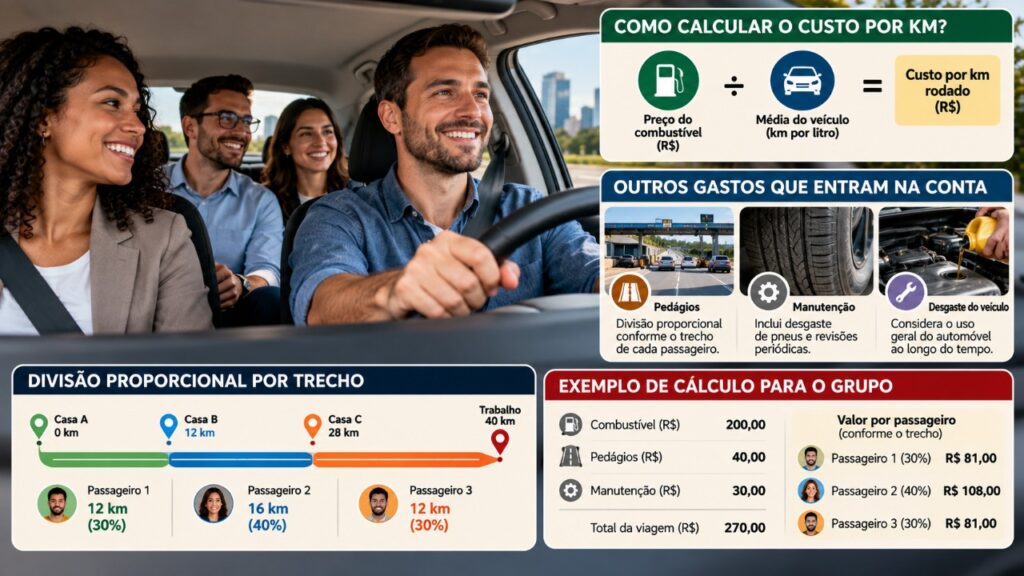 Motorista começa a anotar a quilometragem e o consumo de combustível durante viagens frequentes com colegas de trabalho e descobre como calcular a participação de cada passageiro nas despesas sem ignorar pedágios, manutenção e diferenças entre os trajetos percorridos