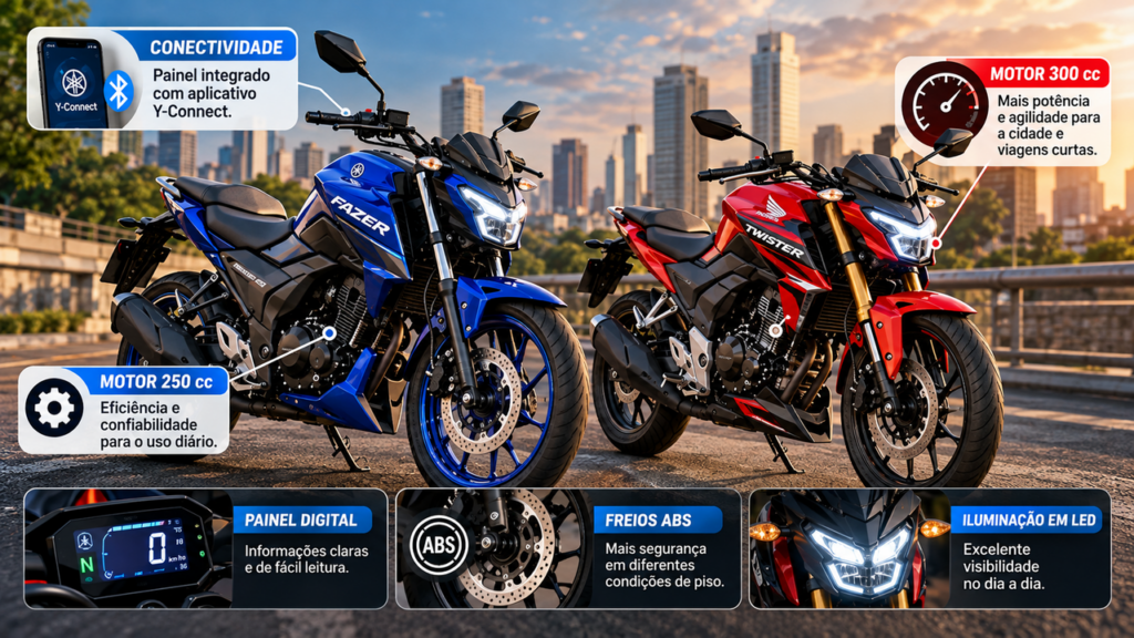 Yamaha prepara nova Fazer 250 com visual renovado, equipamentos atualizados e mudanças que podem aumentar a disputa com a Honda CB 300F Twister nas ruas brasileiras