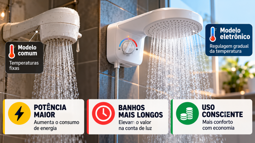 Morador troca o chuveiro comum por um modelo eletrônico para tomar banhos mais confortáveis e descobre como a potência do aparelho influencia o gasto mensal de eletricidade
