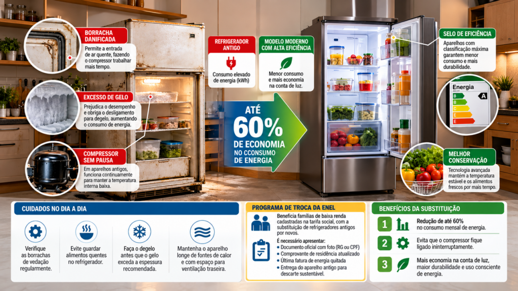 Família substitui uma geladeira antiga por um modelo mais eficiente na cozinha e descobre como a troca pode diminuir o consumo de eletricidade sem comprometer a conservação dos alimentos