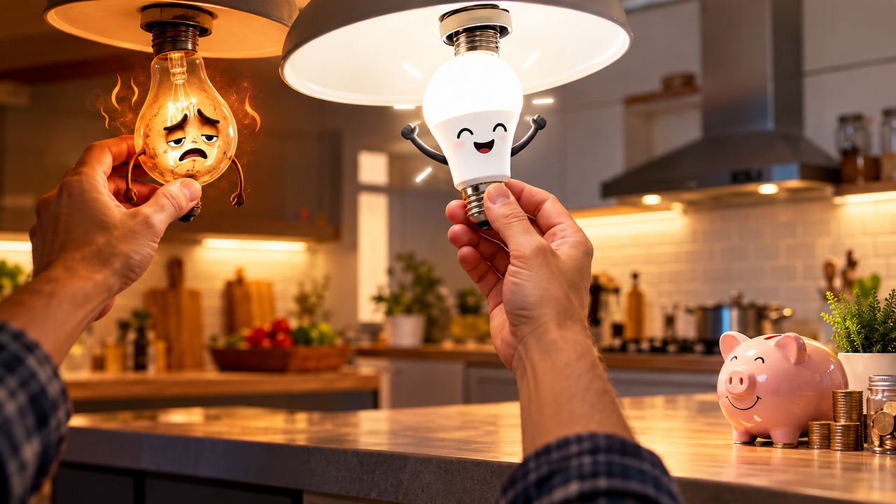 Família troca lâmpadas antigas por modelos de LED na cozinha e descobre como a mudança pode diminuir o consumo de eletricidade sem comprometer a iluminação do ambiente