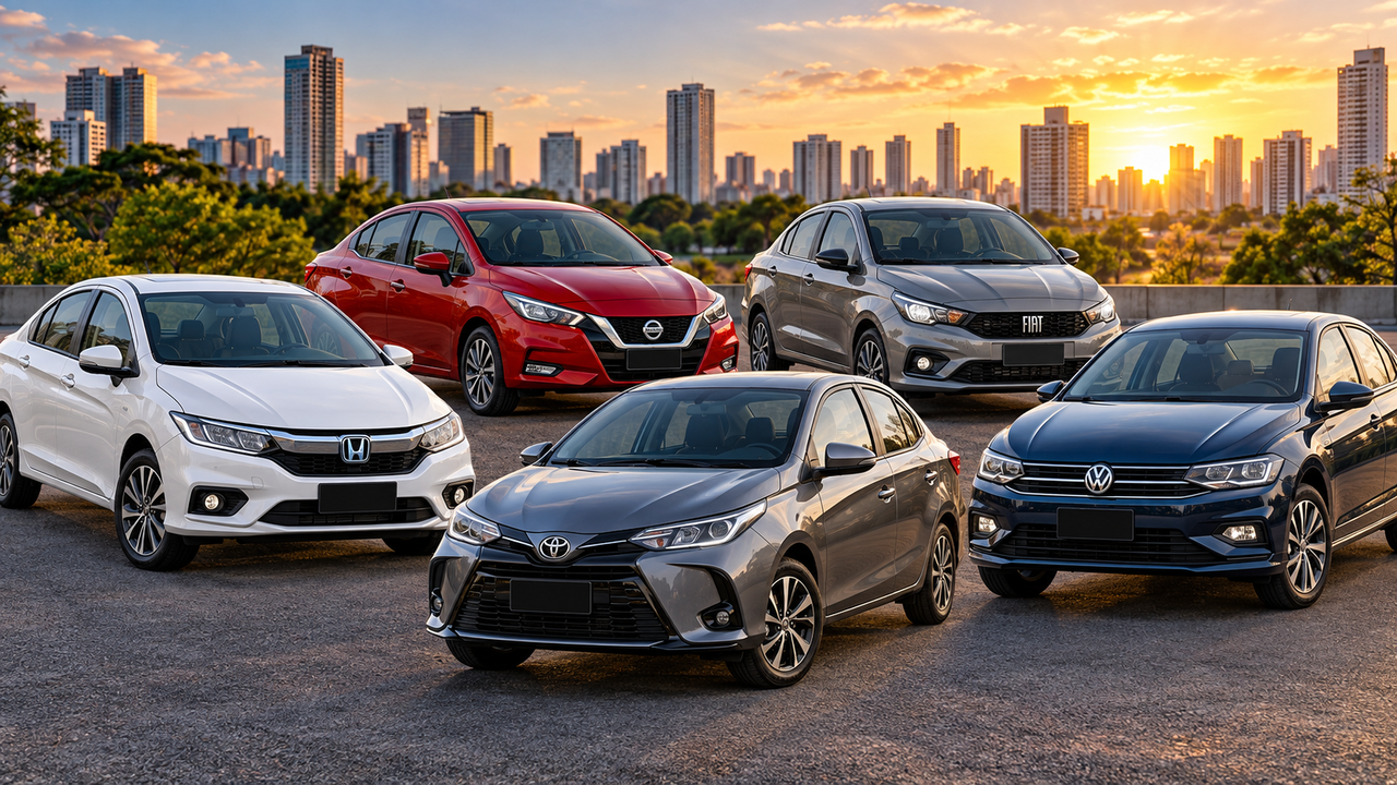 Cinco sedãs compactos que podem surpreender no Brasil: City, Versa, Cronos, Virtus e Yaris combinam economia, conforto, manutenção simples e boa procura no mercado de usados