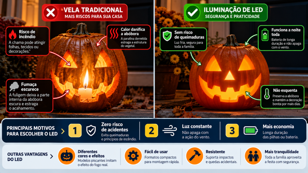 Família coloca vela dentro da abóbora na varanda e descobre por que lâmpada de LED é a opção mais segura