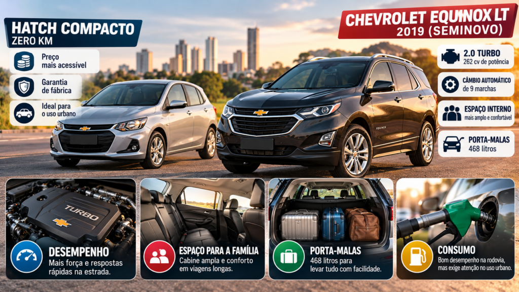 SUV médio com motor turbo, câmbio de 9 marchas e porta-malas de 468 litros: o Chevrolet Equinox LT 2019 entra na disputa com carros populares novos e levanta uma dúvida importante para quem quer trocar de veículo