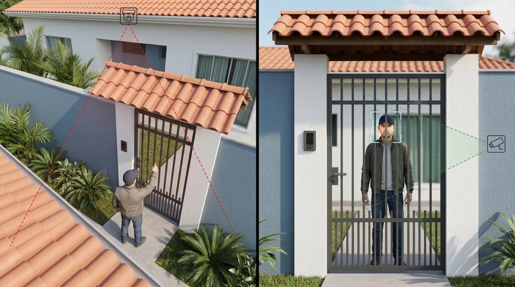 Morador instala câmeras de segurança na frente de casa e descobre qual altura e ângulo permitem reconhecer o rosto de quem se aproxima do portão
