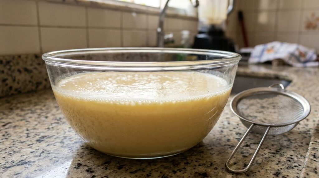Chefs de cozinha explicam: para o pudim ficar lisinho, cremoso e sem furinhos, não despeje a mistura cheia de espuma na forma, mas deixe descansar por 15 minutos antes de assar
