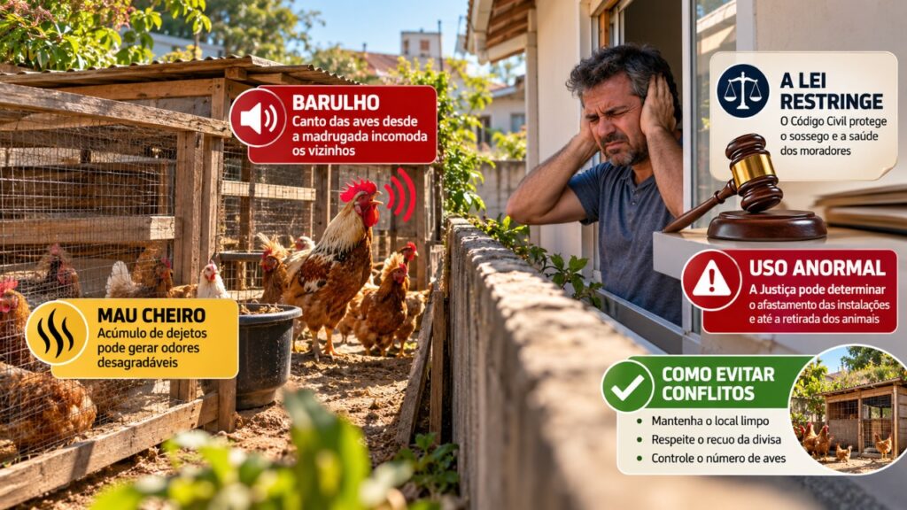 Morador cria um galinheiro com 30 aves perto da casa ao lado, que passou a conviver com mau cheiro e barulho diário, e a Justiça reconhece o incômodo e determina a adequação da estrutura