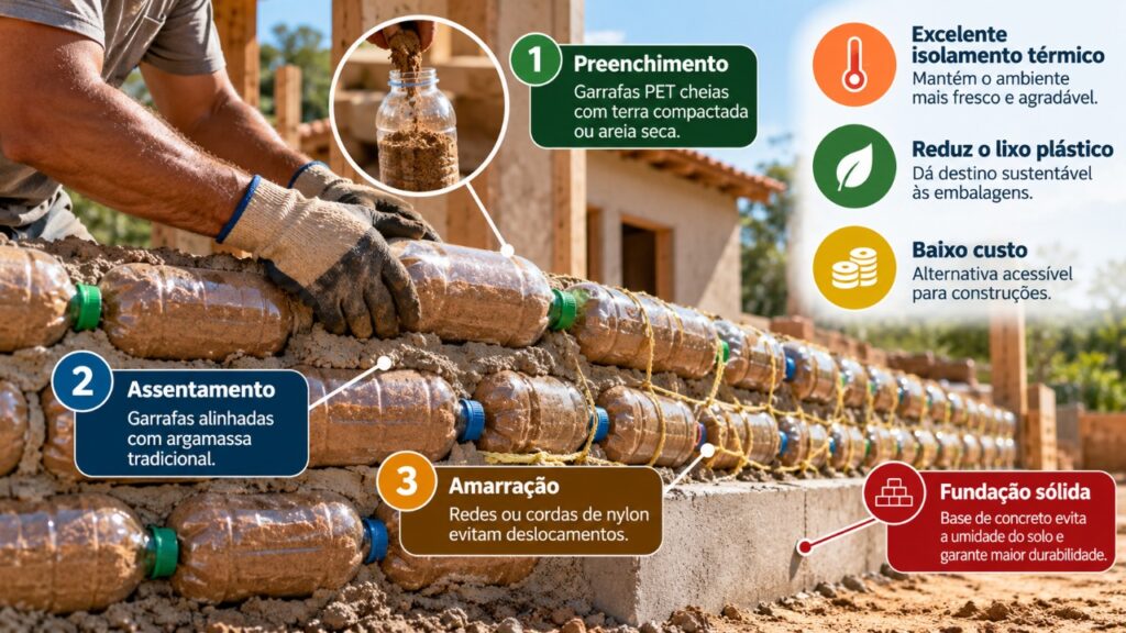 Construir paredes com garrafas PET preenchidas com terra parece improvável, mas a técnica já foi aplicada em projetos reais: como as garrafas são organizadas e quais cuidados determinam a segurança da estrutura