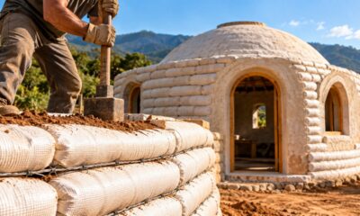 Casas construídas com sacos de terra empilhados formam paredes espessas e mostram como uma técnica alternativa aproveita materiais simples para criar abrigos