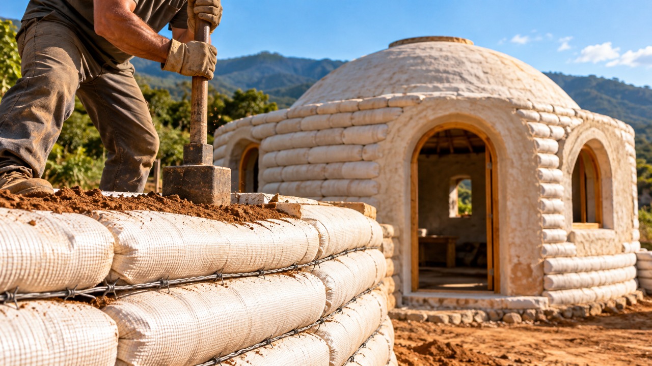 Casas construídas com sacos de terra empilhados formam paredes espessas e mostram como uma técnica alternativa aproveita materiais simples para criar abrigos