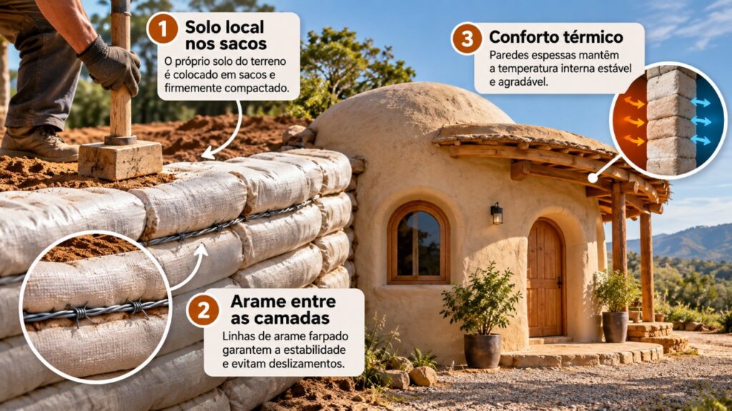 Casas construídas com sacos de terra empilhados formam paredes espessas e mostram como uma técnica alternativa aproveita materiais simples para criar abrigos