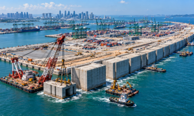 227 blocos de concreto gigantes estão sendo colocados no mar para construir um muro de 9,1 km em Singapura, que vai sustentar o maior porto automatizado do mundo
