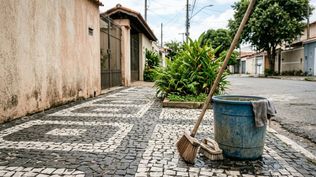 Moradora lavava a calçada com mangueira toda manhã até descobrir que o desperdício de água potável pode gerar advertência, multa ou outras medidas
