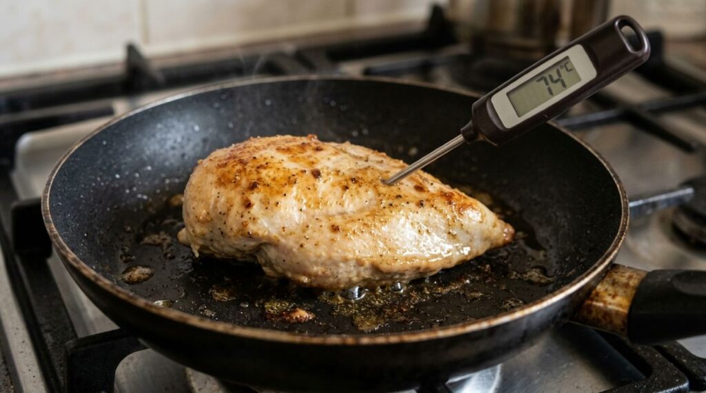 Chefs de cozinha afirmam: “Para o peito de frango ficar suculento e não ressecar na frigideira, não deixe a carne cozinhar por tempo demais, mas retire do fogo assim que atingir o ponto correto”