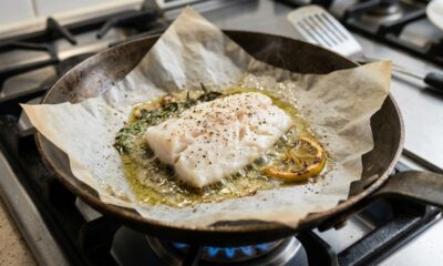 Chefs de cozinha explicam: "Para o peixe não grudar nem se desfazer na frigideira, o truque é untar o papel-manteiga com um pouco de azeite antes de cozinhar"