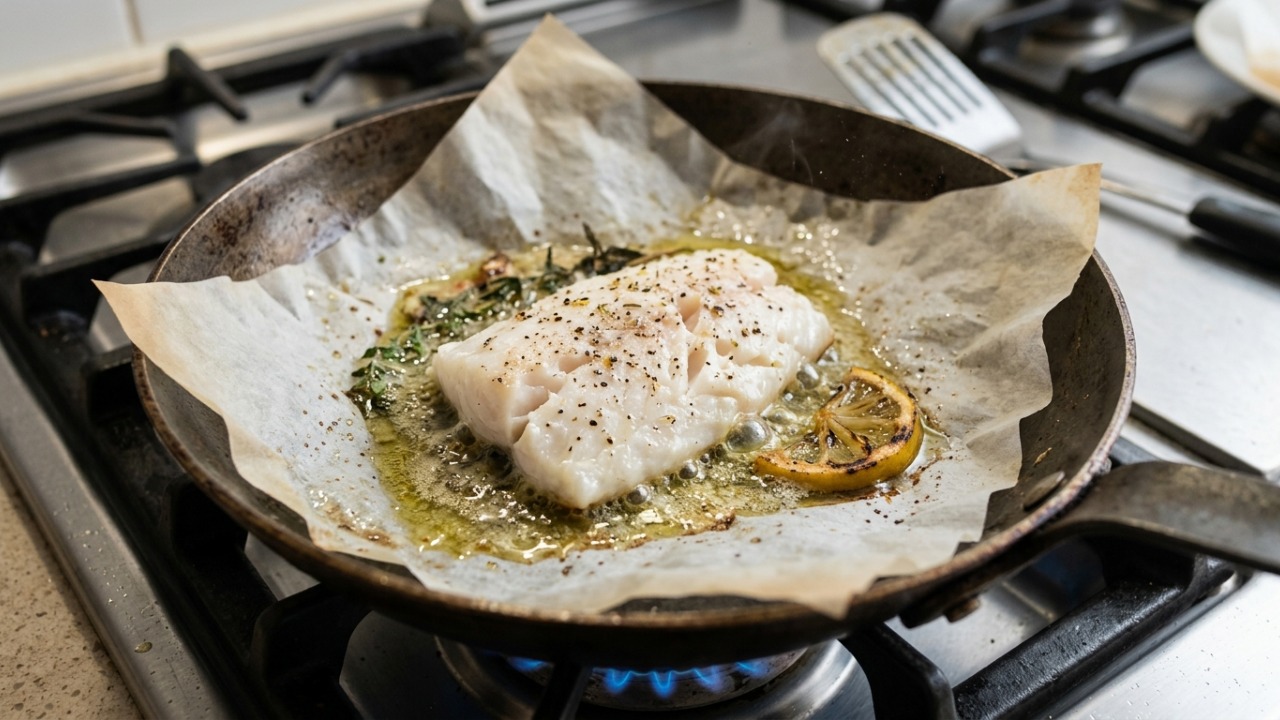Chefs de cozinha explicam: "Para o peixe não grudar nem se desfazer na frigideira, o truque é untar o papel-manteiga com um pouco de azeite antes de cozinhar"